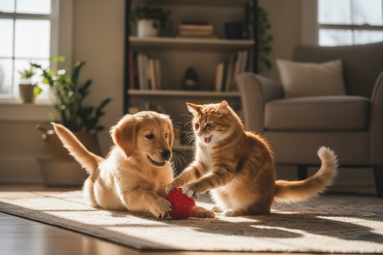 dog and cat playing